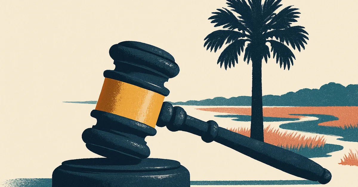 A brass gavel on a dock rail beside a palmetto tree and a salt marsh at low tide, illustrating the question: are prediction markets legal in South Carolina?