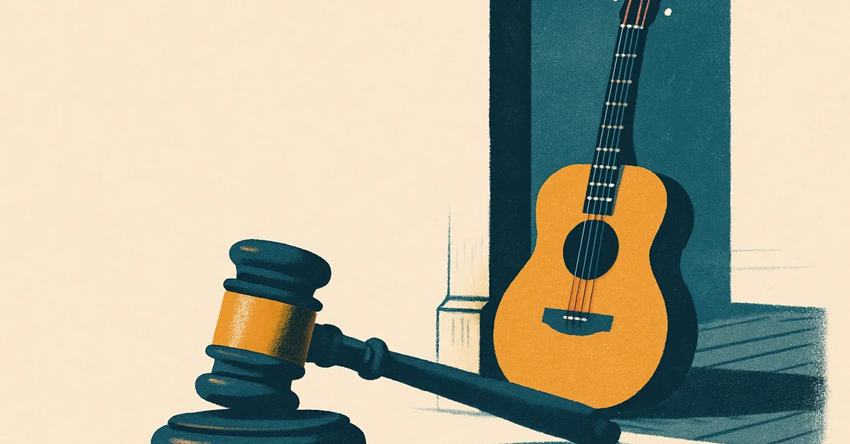 A brass gavel on a porch boards beside an acoustic guitar leaning on a post, illustrating the question: are prediction markets legal in Tennessee?