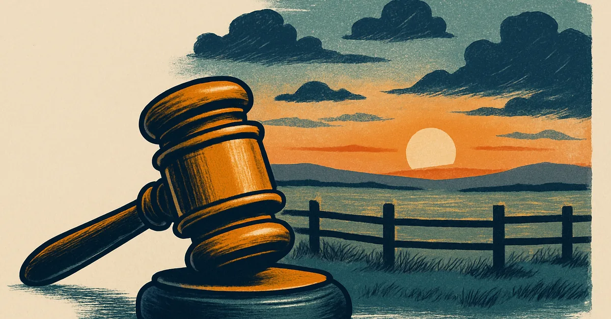 A brass gavel on a ranch fence post on open prairie under a big sunset sky, illustrating the question: are prediction markets legal in Texas?