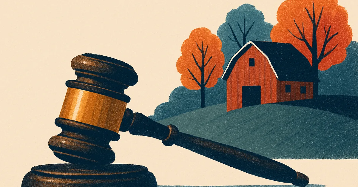 A brass gavel on a stone wall before a red barn and autumn sugar maples on a hillside, illustrating the question: are prediction markets legal in Vermont?