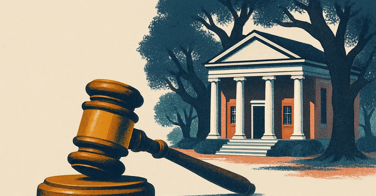 A brass gavel on a stone step before a colonial brick building with white columns, illustrating the question: are prediction markets legal in Virginia?