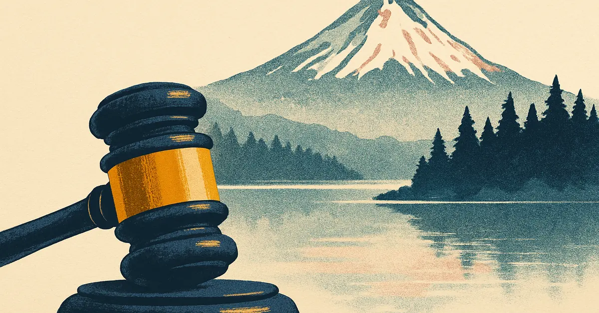 A brass gavel on a mossy log with evergreens and a snowy peak across a misty lake, illustrating the question: are prediction markets legal in Washington?