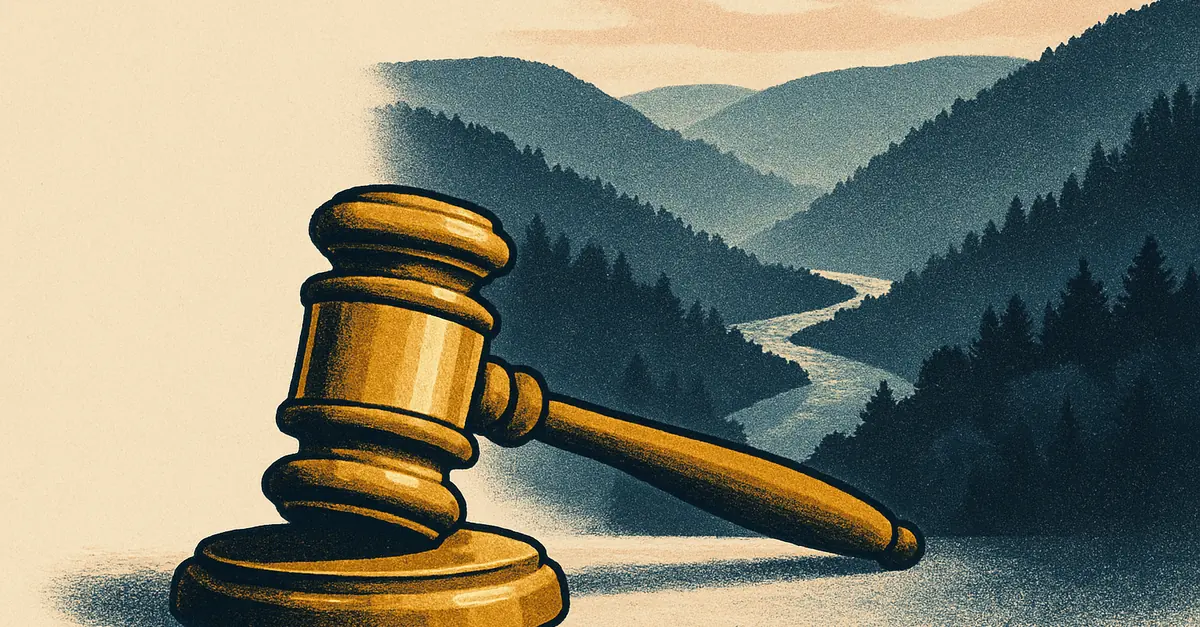 A brass gavel on a rock ledge above a misty river gorge in forested Appalachian ridges, illustrating the question: are prediction markets legal in West Virginia?