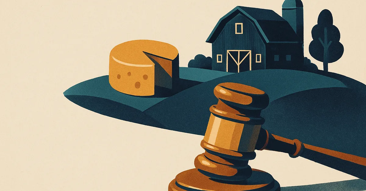 A brass gavel on a wooden table beside a wheel of cheese with a dairy barn on a hillside, illustrating the question: are prediction markets legal in Wisconsin?
