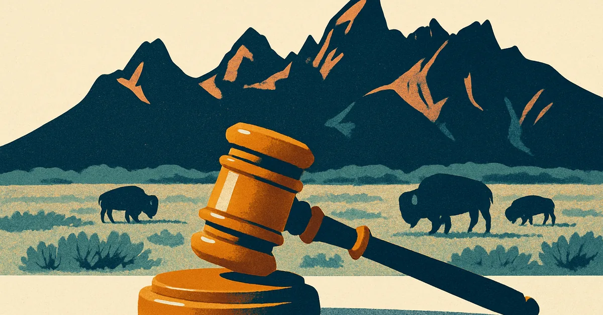 A brass gavel on a weathered fence post on a sagebrush plain below jagged peaks with grazing bison, illustrating the question: are prediction markets legal in Wyoming?