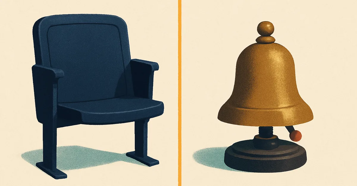 A stadium seat beside a trading-floor bell, illustrating prediction market vs sportsbook differences