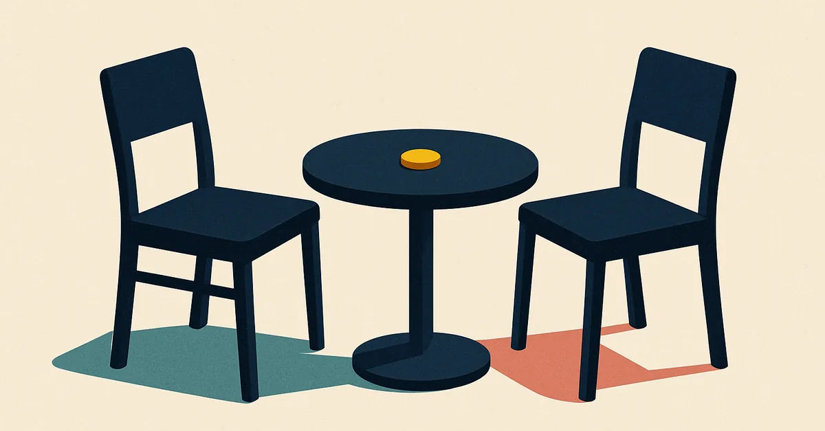 Two chairs facing each other across a table with one token, illustrating ProphetX's peer-to-peer sports exchange in our ProphetX review