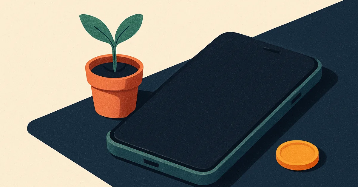 A phone, a sprouting plant and a token on a desk, illustrating our review of Robinhood prediction markets